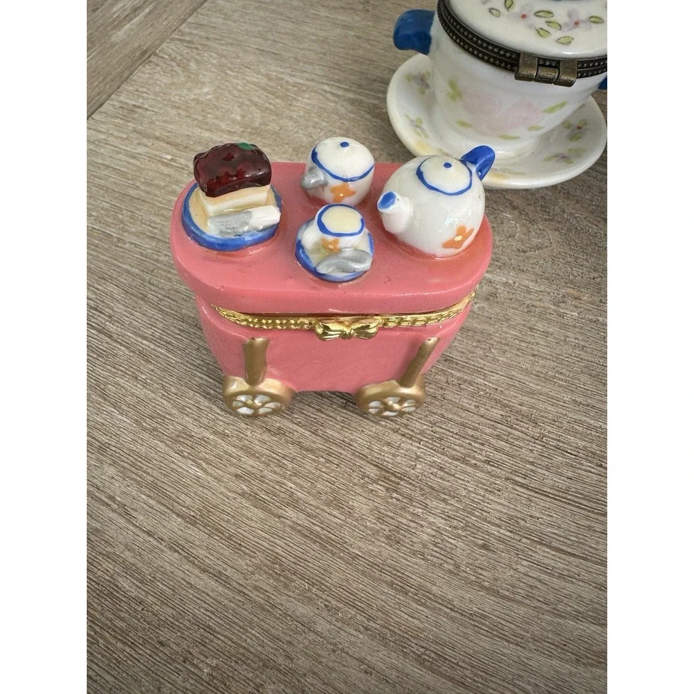 VTG Lot Of 4 Trinket Boxes - Unique Assortment Tea set, ladies chair and bust